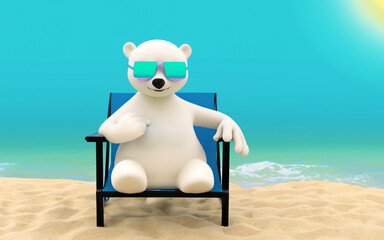 A polar bear on the beach in a deck chair with sunglasses. AI generative