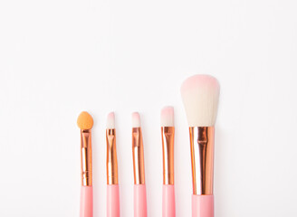 Cosmetic brush for makeup on isolated on white background. Cosmetic product for make-up. Creative and cosmetic fashion concept. Fashion. Collection of cosmetic makeup brushes.banner.