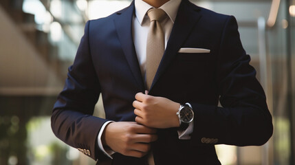 a businessman in a suit and tie buttoning his tux created by generative AI