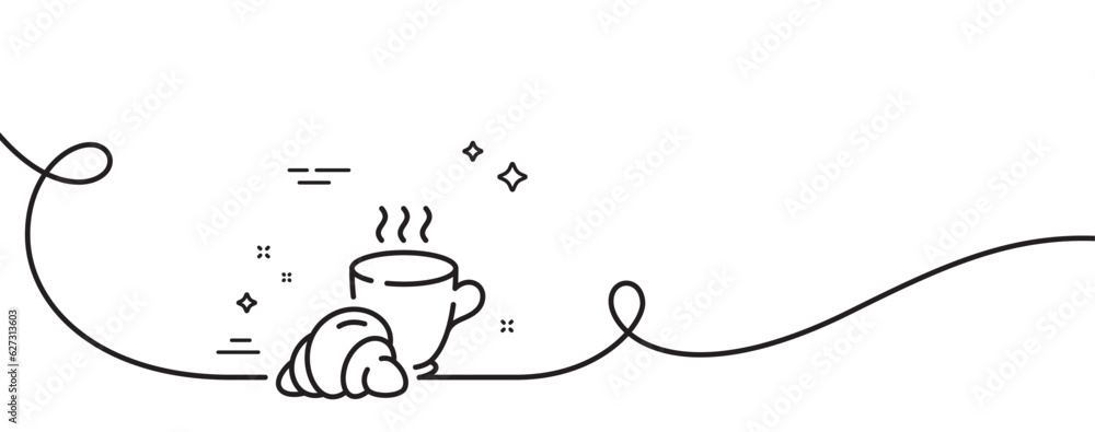 Poster coffee break line icon. continuous one line with curl. breakfast hot tea sign. coffee time symbol. c