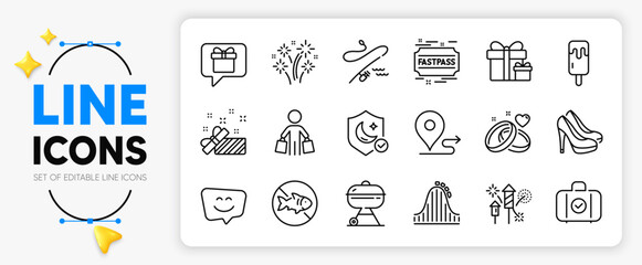 Carry-on baggage, Fireworks and Guard line icons set for app include Marriage rings, Surprise package, Shoes outline thin icon. Smile face, Fastpass, Grill pictogram icon. Ice cream. Vector