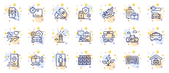 Obraz premium Outline set of Car service, Elevator and Cardboard box line icons for web app. Include Bike, Lighthouse, Eco power pictogram icons. Taxi, Boxes shelf, Baggage signs. Inventory report. Vector
