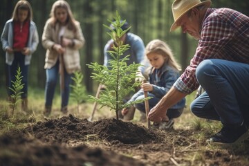 A diverse family honors a loved one's memory by jointly planting a tree in a serene forest, symbolizing life, love, and legacy