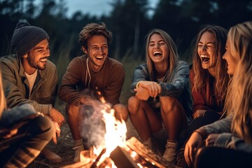 Joyous group of millennials laughing and bonding around a campfire, embodying friendship and fun...