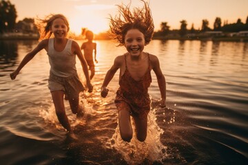 Kids playing at lakeside, laughing joyfully. Carefree childhood fun - splashing, bonding