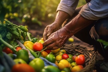 Closeup of a farmer harvesting organic vegetables into a basket, emphasizing the natural farm-to-table process, generative ai