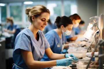 Candid shot of a group of student nurses immersed in training at college, medical colleagues, generative ai