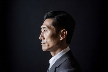 Profile of a powerful Asian businessman, displaying leadership and strength in a corporate setting, generative ai