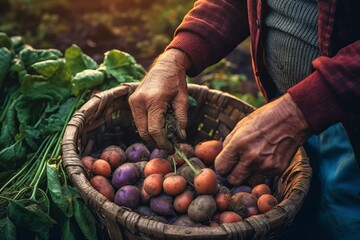 Closeup of a farmer harvesting organic vegetables into a basket, emphasizing the natural farm-to-table process, generative ai