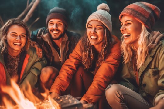Joyous group of millennials laughing and bonding around a campfire, embodying friendship and fun during a wilderness camping adventure, generative ai