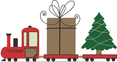 Red toy train with gift box and Christmas tree