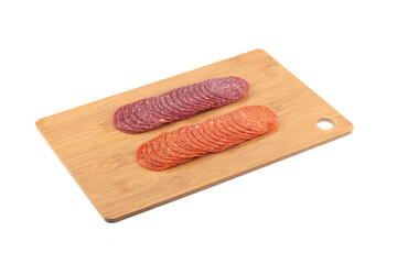 Italian sliced salami and pepperoni sausages on a cutting board.