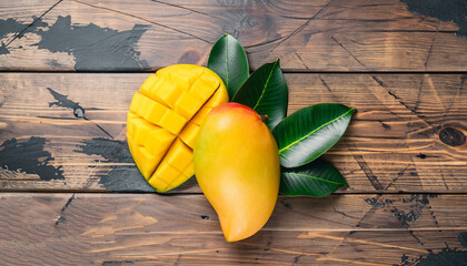 Mango. Tropical Fruits. On a wooden background. Top view. Copy space.