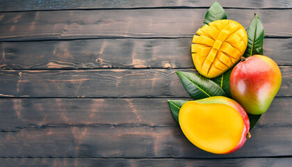 Mango. Tropical Fruits. On a wooden background. Top view. Copy space.