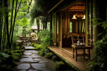 Fototapeta na wymiar Traditional Tea House In a Bamboo Grove, Generative AI