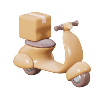 3d scooter with box, delivery courier service, time to shopping concept