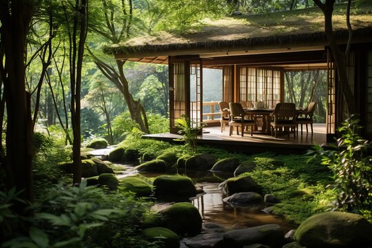 Traditional Tea House In a Bamboo Grove, Generative AI