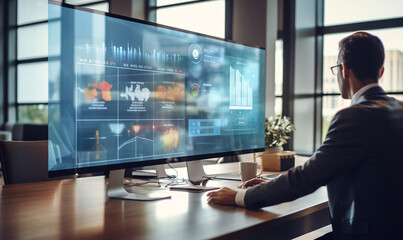 A suited businessman engages with a transparent glass screen displaying futuristic concepts and graphics. This forward-looking scene is ideal for representing future-focused business and innovation.