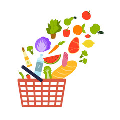 Supermarket basket with a scatted food. Illustration on transparent background