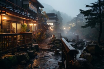 Obraz premium Traditional Onsen Hot Spring Town, Generative AI