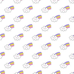 Seamless pattern with cute cartoon rainbow clouds.