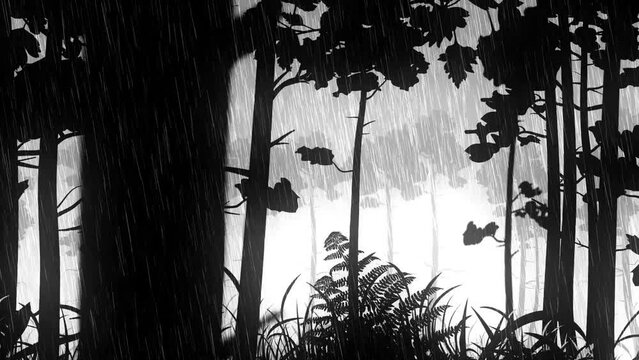 Black and white graphic illustration in the form of night and rain forest