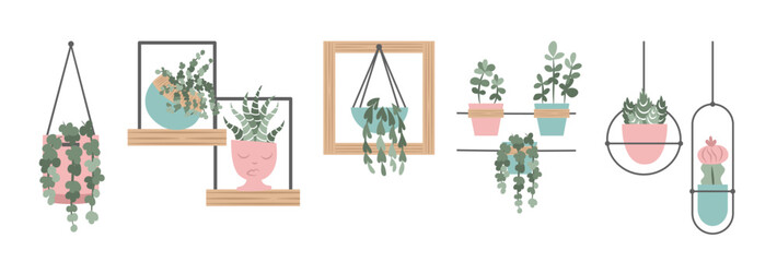 Hand drawn indoor house plant in pots collection.