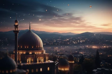 Printed roller blinds Half Dome mosque dome mosque light of hope arabic islamic architecture and half moon and the sky has stars, islamic religion symbols. Islamic new year Muharram, Mubarak, Eid al-fitr, Eid al-Adha, arabic