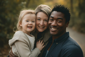 Portrait of happy international family, multiracial daughter mom and dad hugging together outdoors looking at camera
