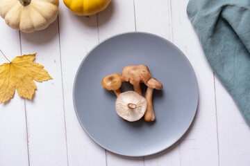 Mushrooms on a plate with pumkins and autumn leaf on wooden background flat lay, top view on wooden background