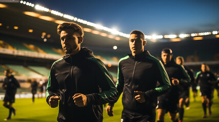 soccer players at stadium before training or game at night