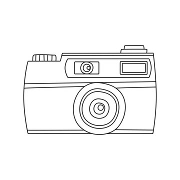 Old Vintage camera doodle, a hand drawn vector doodle drawing of a mirrorless camera, isolated on white background.