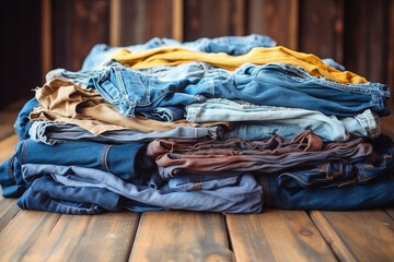 Female textile style laundry fabric background stack clean blue wear wardrobe cloth pile heap dirty