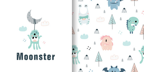 Seamless pattern with cute monster and forest. Kids collection. Cute monster cartoon background. Design for print, textile, fabric, wallpaper, wrapping. Vector illustration