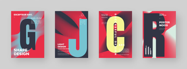 Poster design set. Vertical A4 format. Modern placard collection. Strict and discreet brochure. Colorful letter composition with abstract smoke effect.