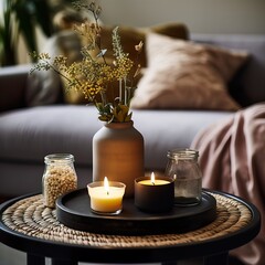 Warm cozy home interior with burning candles, afternoon room decoration, creative decor arrangement