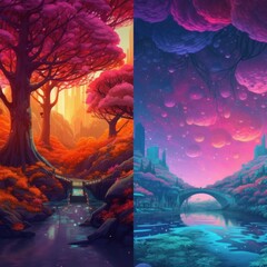 Magical landscape in bright colors, fictional world. Imagination and fantasy concept. Diptych illustration