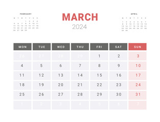 Calendar Template of march 2024. Vector layout simple calendar with week start Monday.