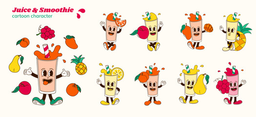 Set of comic cartoon characters of orange, apple, pineapple, mango, lemon, lemonade, peach, pear, grape smoothie or juice. Isolated vector illustration of hand drawing mascots cocktail in retro style