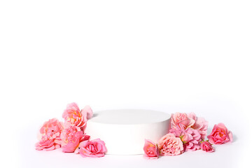 Template with white podium and pink roses