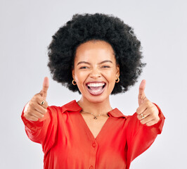 Thumbs up, happy and portrait of a businesswoman in studio with success, achievement or goal. Happiness, smile and professional African female person with an agreement hand gesture by gray background