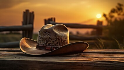 Landscape with cowboy hat and farmland, country life concept. Generative AI - obrazy, fototapety, plakaty