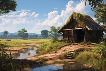 Fototapeta na wymiar Landscape with a hut in the middle of the Brazilian hinterland. Generative AI