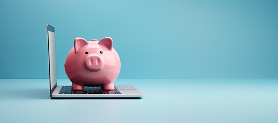 Pink piggy bank on blue background with space for writing. Generative AI