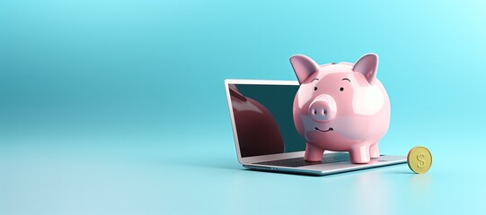 Pink piggy bank on blue background with space for writing. Generative AI