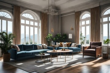 living room with high windows and sofa