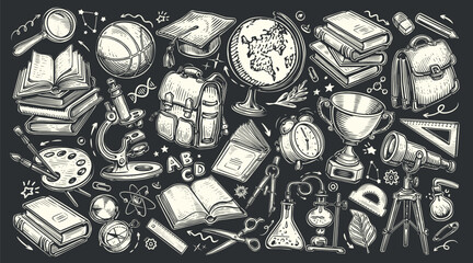 Back to school concept. Set of educational supplies drawn in chalk on a black school board. Vector illustration