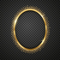 Golden glossy festive Oval frame. Realistic vector illustration. Design Element. Gold glitter.