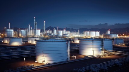 A large oil refinery at night with a lot of tanks.