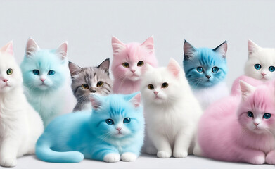 Fototapeta premium Many cute cats with colored hair in pastel colors, Generative AI Illustration.